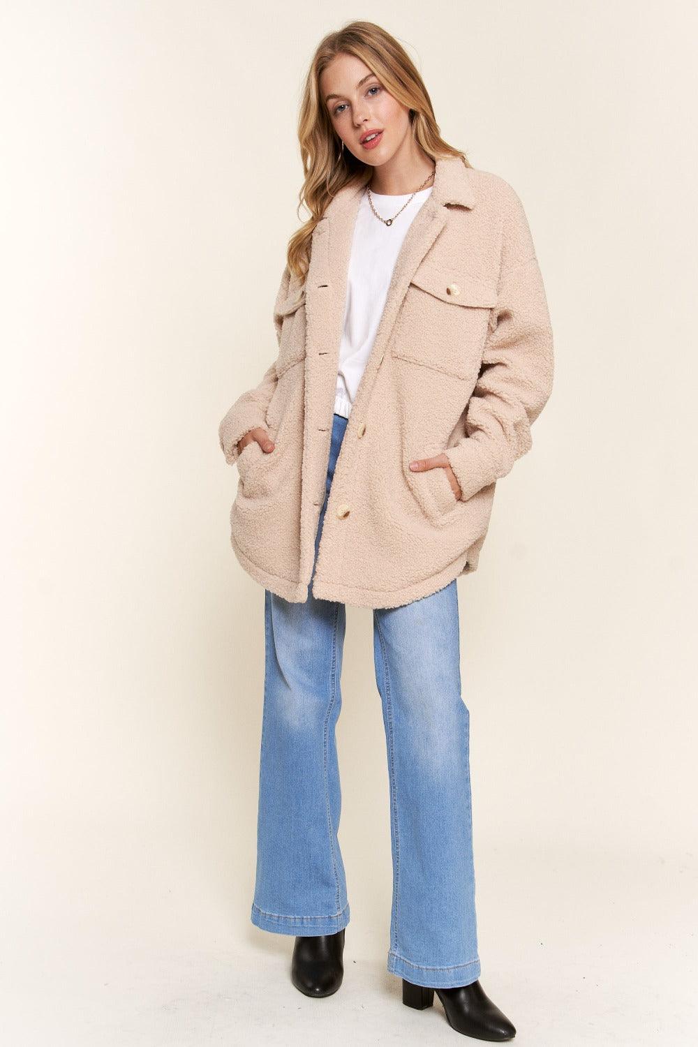 And The Why Teddy Sherpa Button Down Curved Hem Shacket | Shackets Daverri Fashions