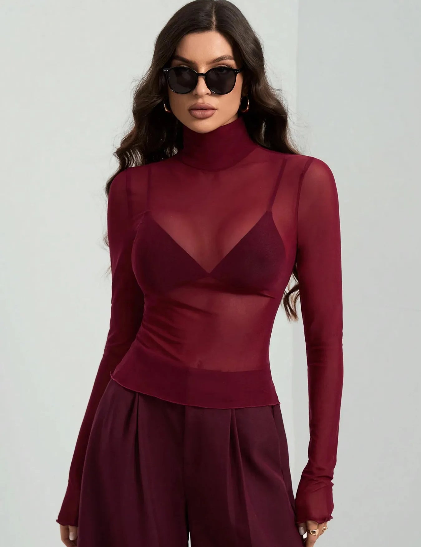 Wine Red Turtleneck Long Sleeve Top | Tops Daverri Fashions