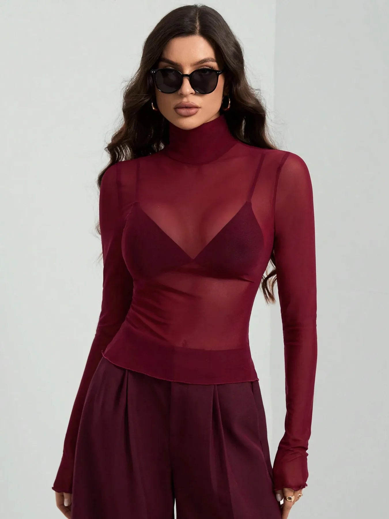 Wine Red Turtleneck Long Sleeve Top | Tops Daverri Fashions