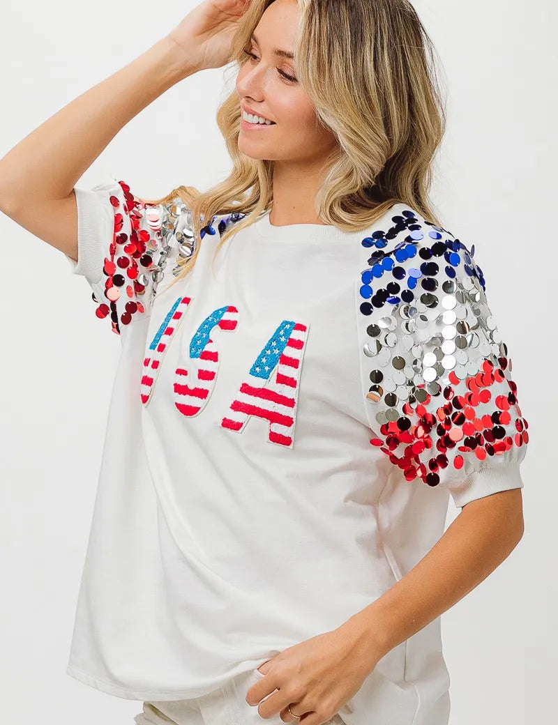 BiBi American Flag Theme Sequin Top | Tops Daverri Fashions