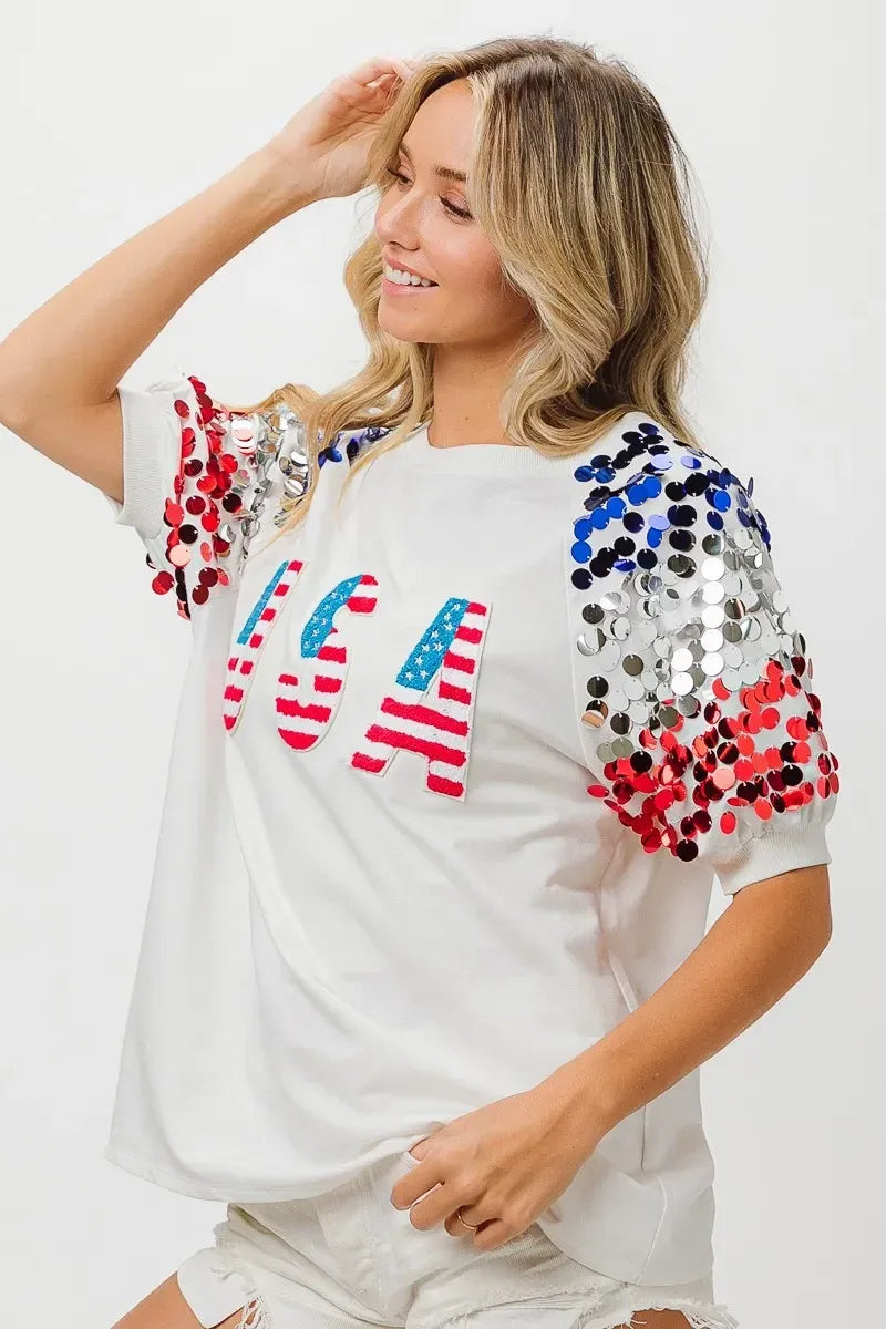 BiBi American Flag Theme Sequin Top - DAVERRI FASHIONS
