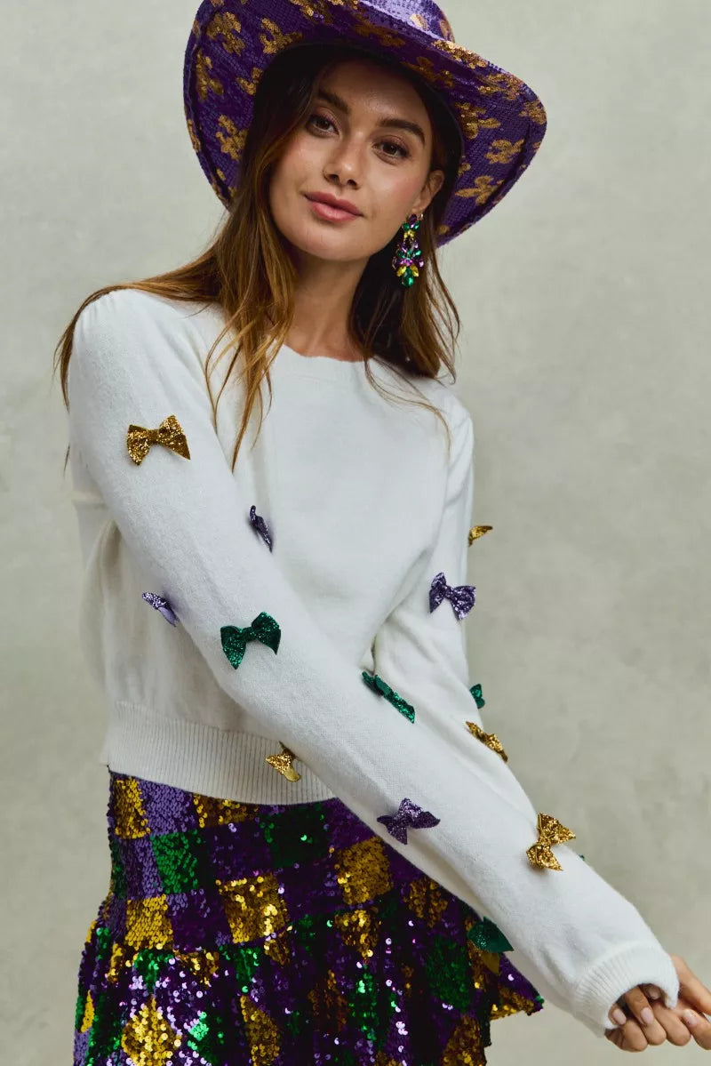 SO ME Mardi Gras glitter bow sweater with sparkling sequins