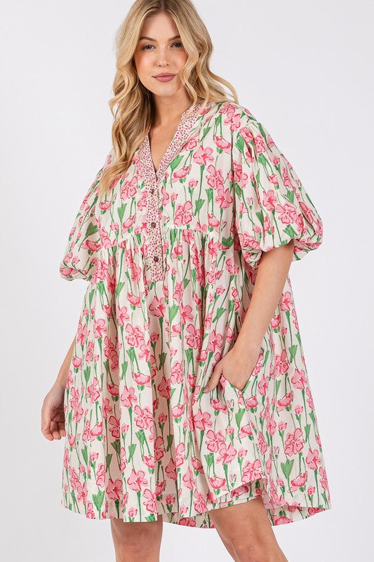 SAGE + FIG Floral Half Button Notched Puff Sleeve Dress