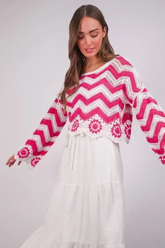VERY J Chevron/Floral Pattern Crochet Knit Top - DAVERRI FASHIONS