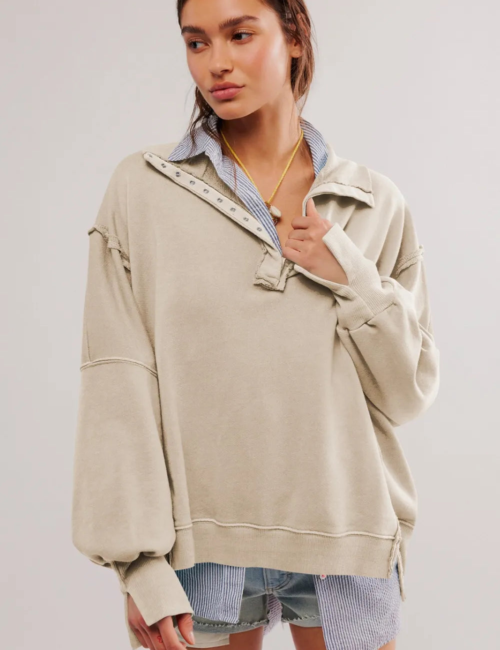 Exposed Seam Side Slit Long Sleeve Sweatshirt | Sweatshirts Daverri Fashions