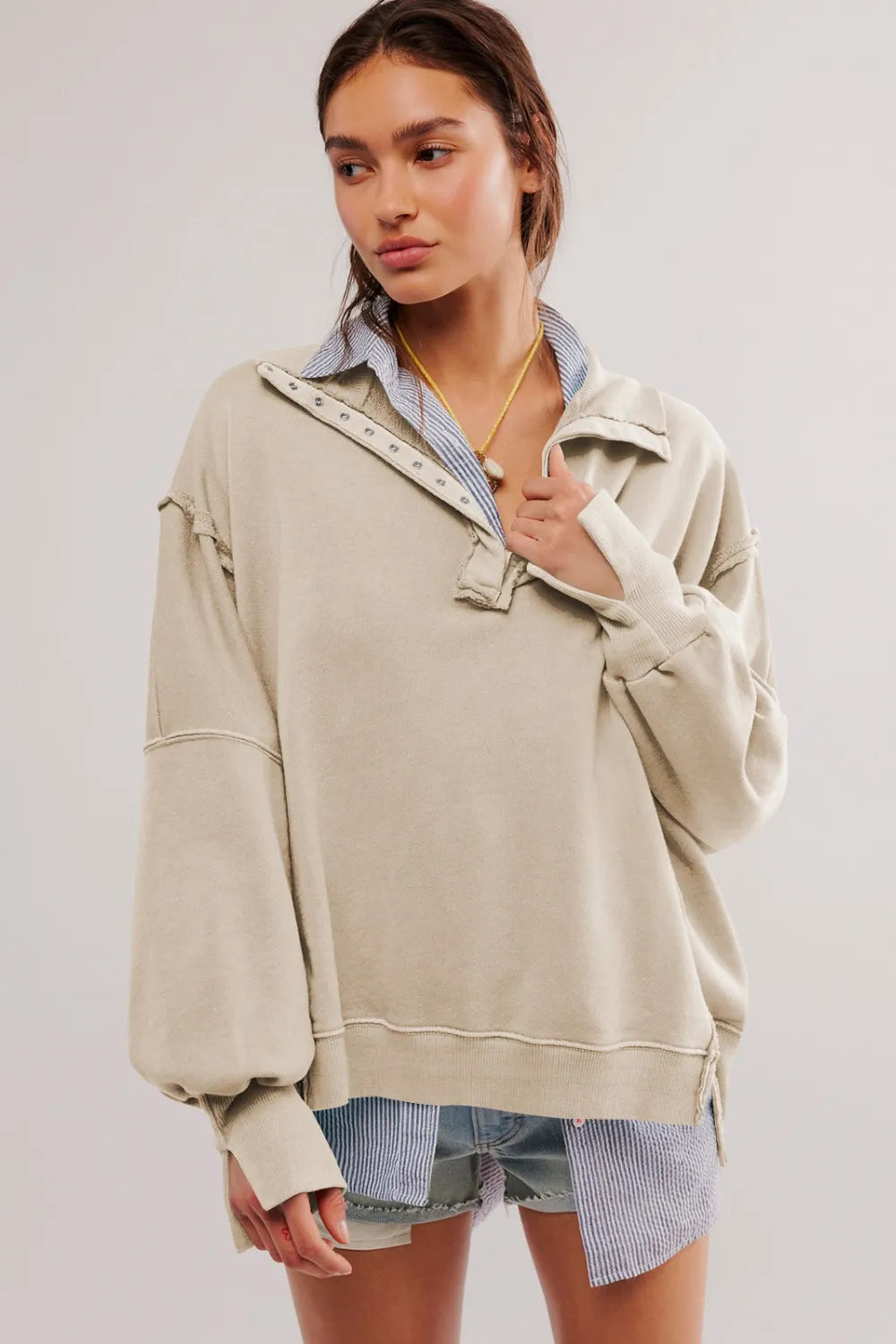 Exposed Seam Side Slit Long Sleeve Sweatshirt | Sweatshirts Daverri Fashions