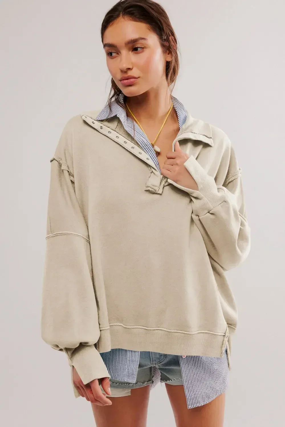 Exposed Seam Side Slit Long Sleeve Sweatshirt - DAVERRI FASHIONS