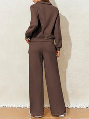 Collared Sweatshirt and High Waist Pants Active Set | Daverri Fashions
