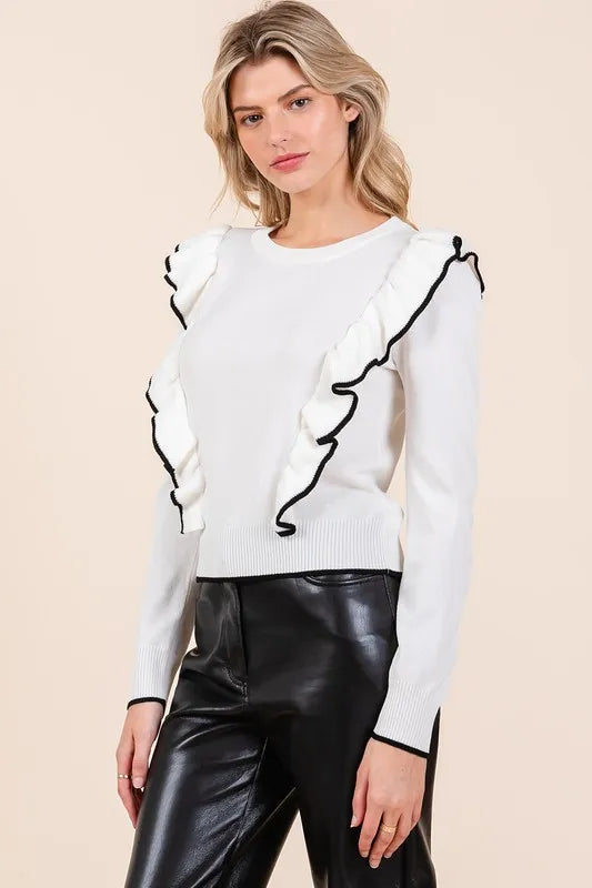 Mittoshop Contrast Trim Ruffled Round Neck Knit Top | Tops Daverri Fashions