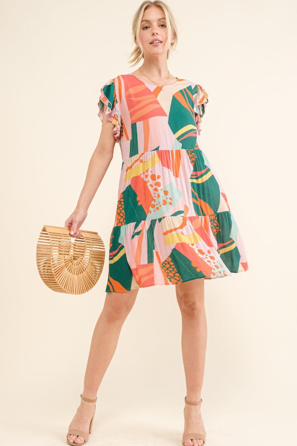 And The Why Printed Double Ruffle Sleeve Dress | Daverri Fashions