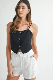 Black MABLE Linen Mix Button Down Tank Top | Daverri Fashions