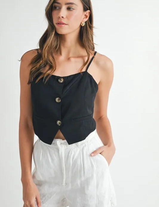Black MABLE Linen Mix Button Down Tank Top | Daverri Fashions