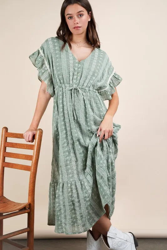 Very J embroidered boho ruffled sage green midi dress