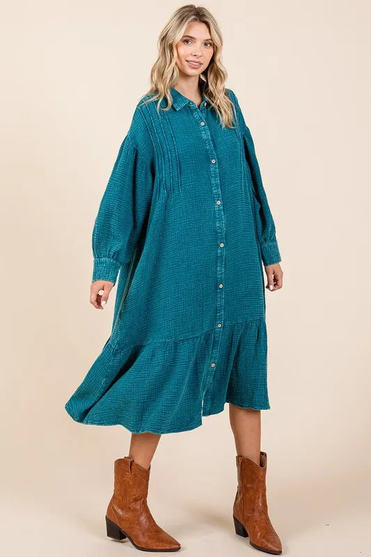Mittoshop Mineral Wash Cotton Gauze Ruffle Midi Shirt Dress Midi Dresses