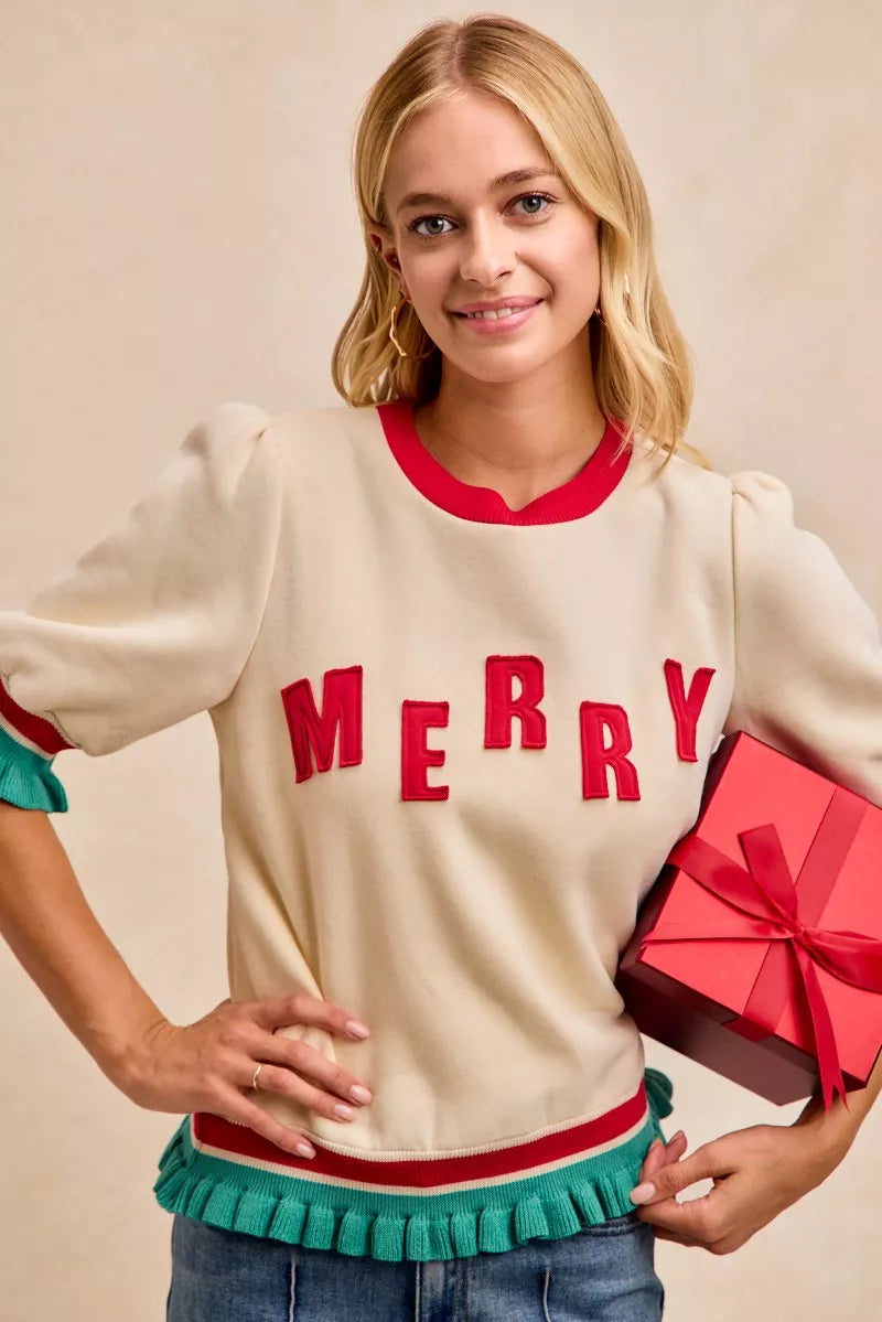 Cream BiBi Christmas Merry Letter Patches Sweater with Puff Sleeves
