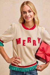 Cream BiBi Christmas Merry Letter Patches Sweater with Puff Sleeves