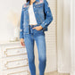 Baeful Leopard Floral Distressed Raw Hem Denim Jacket Jackets