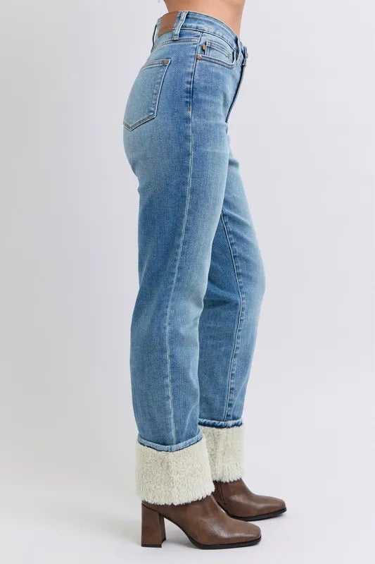 Judy Blue Full Size High Waist Shearling Cuff Straight Jeans