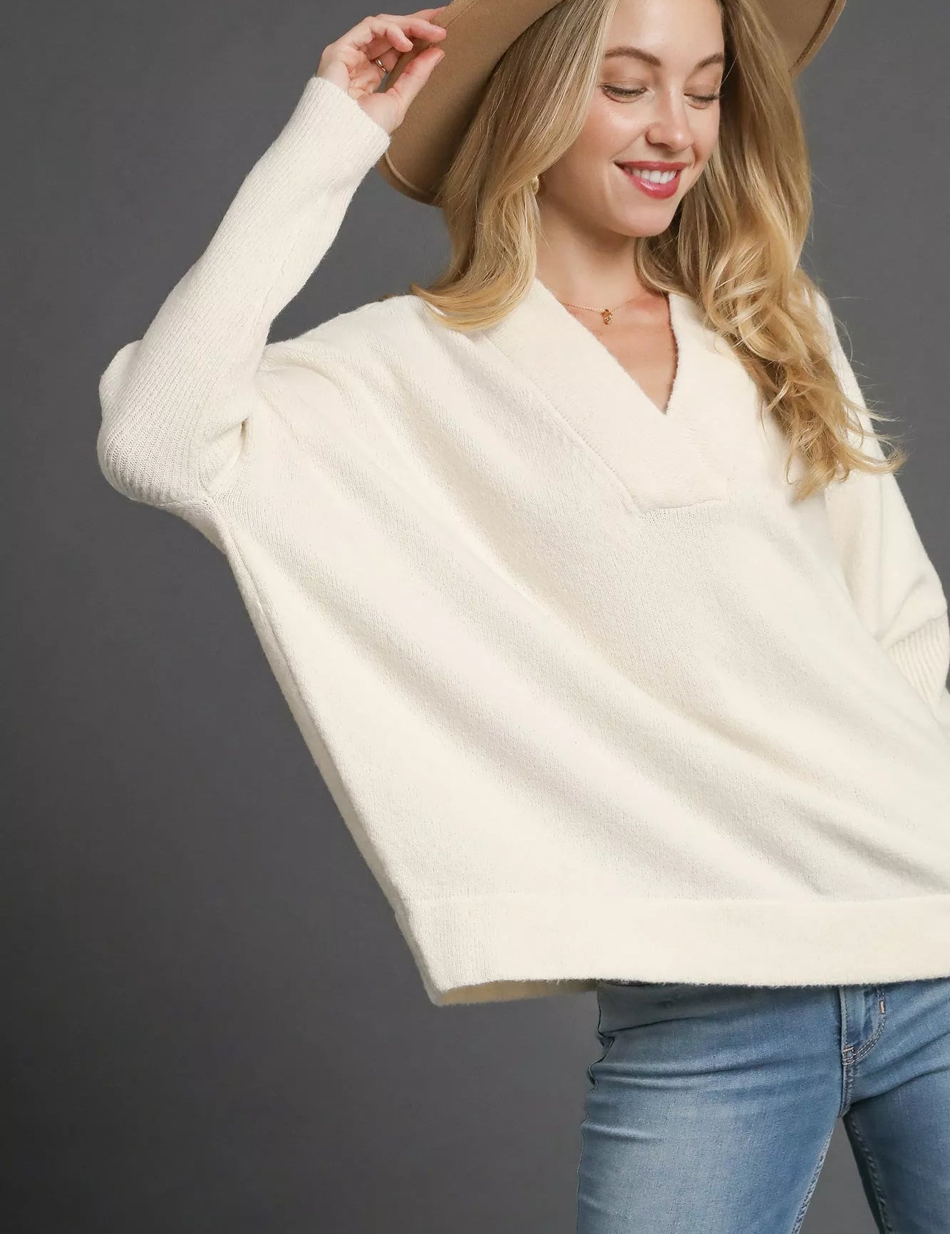 Cream Umgee V-Neck Sweater with Wide Trim Detail | Daverri Fashions