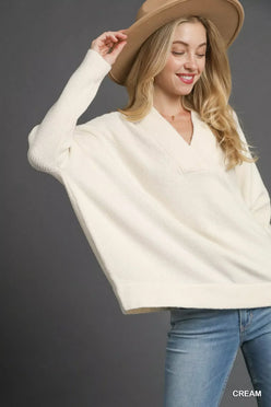 Umgee V-Neck Sweater with Wide Trim Detail - DAVERRI FASHIONS