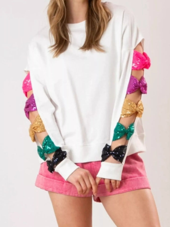 Sequin Bow Cutout Round Neck Sweatshirt | Sweatshirts Daverri Fashions