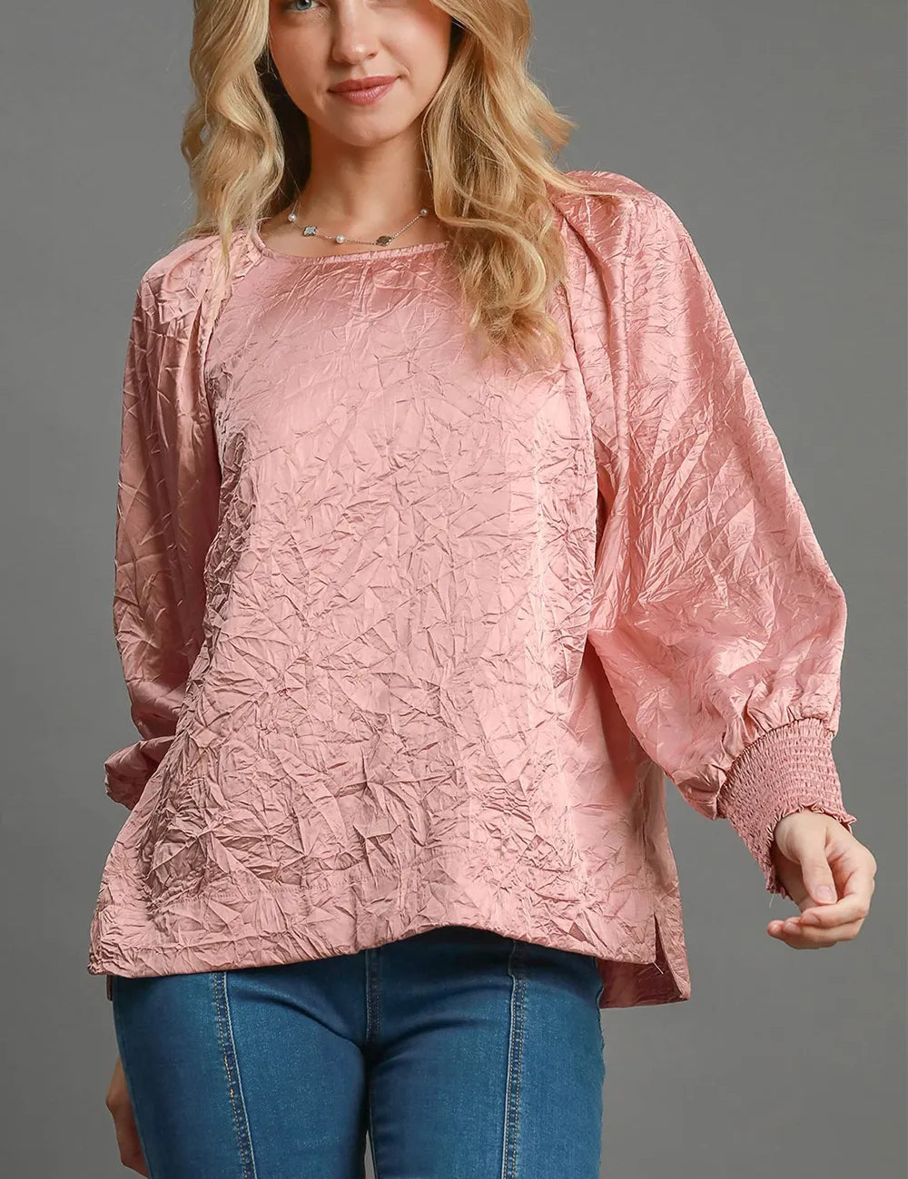 Blush Pink Umgee Wrinkled Round Neck Lantern Sleeve Blouse | Daverri Fashions
