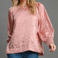 Umgee Wrinkled Round Neck Lantern Sleeve Blouse Blush Pink