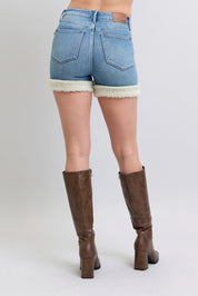 Judy Blue Full Size Hw Tummy Control Shearling Cuff Denim Shorts Plus Size | Denim Shorts Daverri Fashions