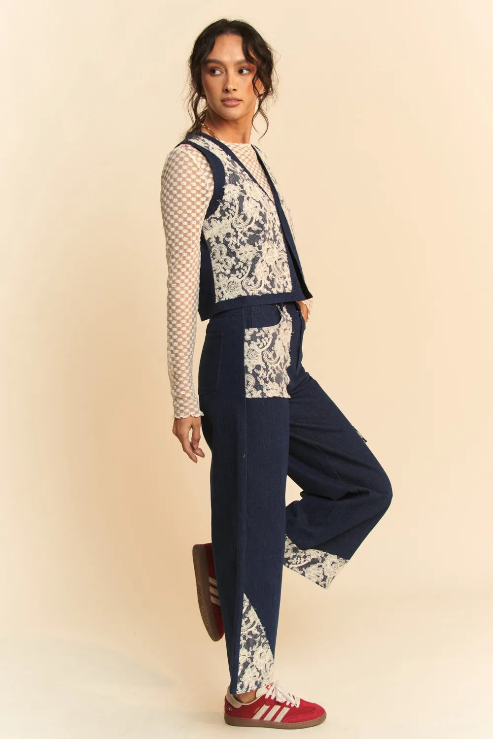 Davi & Dani Lace Patch Open Front Denim Vest | Vest Jackets Daverri Fashions