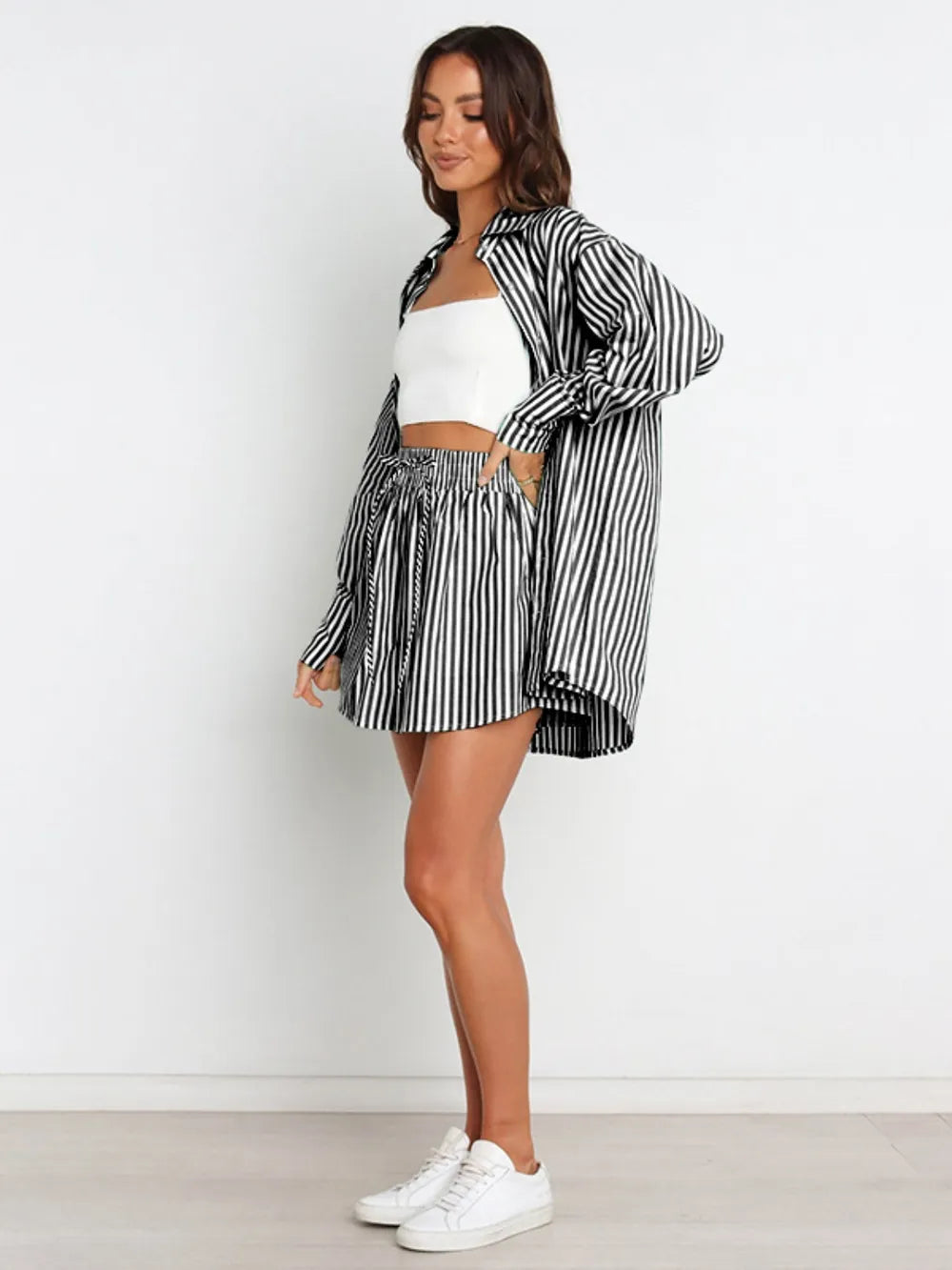 Black and white striped oversized button-down shirt from Striped Dropped Shoulder Set