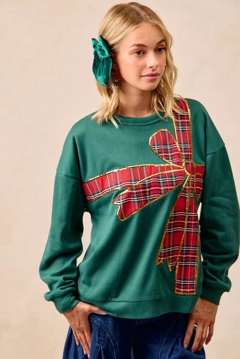 BiBi Plaid Ribbon Bow Detail Christmas Fleece Pullover - DAVERRI FASHIONS