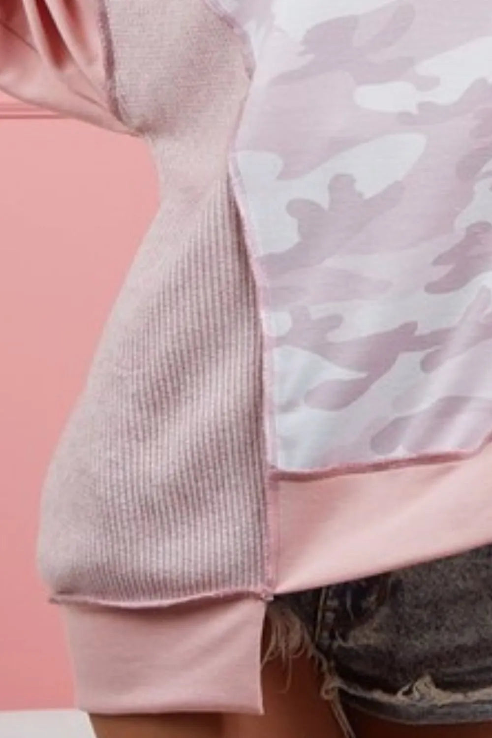 BiBi pink camo printed French terry knit color block sweatshirt