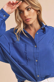 Aemi + Co Raw Edge Exposed Seam Collared Neck Long Sleeve Shirt | Daverri Fashions