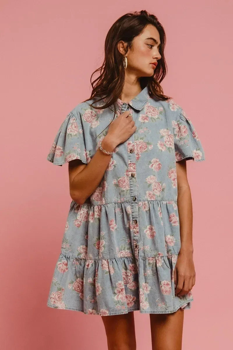 BiBi Floral Print Washed Lightweight Tiered Shirt Dress - DAVERRI FASHIONS