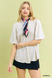 OATMEAL Umgee Linen Scallop Trim V-Neck Blouse | Blouses Daverri Fashions