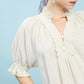 Umgee linen scalloped ruffle neck blouse in soft oatmeal with puff sleeves