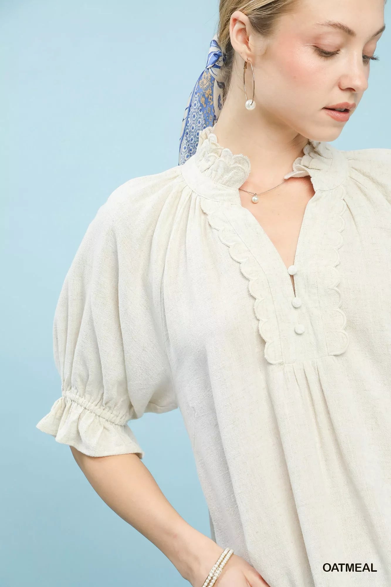 Umgee linen scalloped ruffle neck blouse in soft oatmeal with puff sleeves