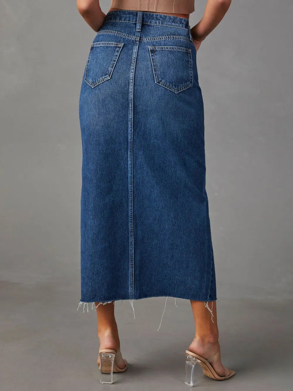 Raw Hem Front Slit Denim Midi Skirt | Skirt Daverri Fashions