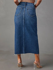 Raw Hem Front Slit Denim Midi Skirt | Skirt Daverri Fashions