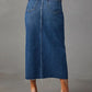 Raw Hem Front Slit Denim Midi Skirt - DAVERRI FASHIONS