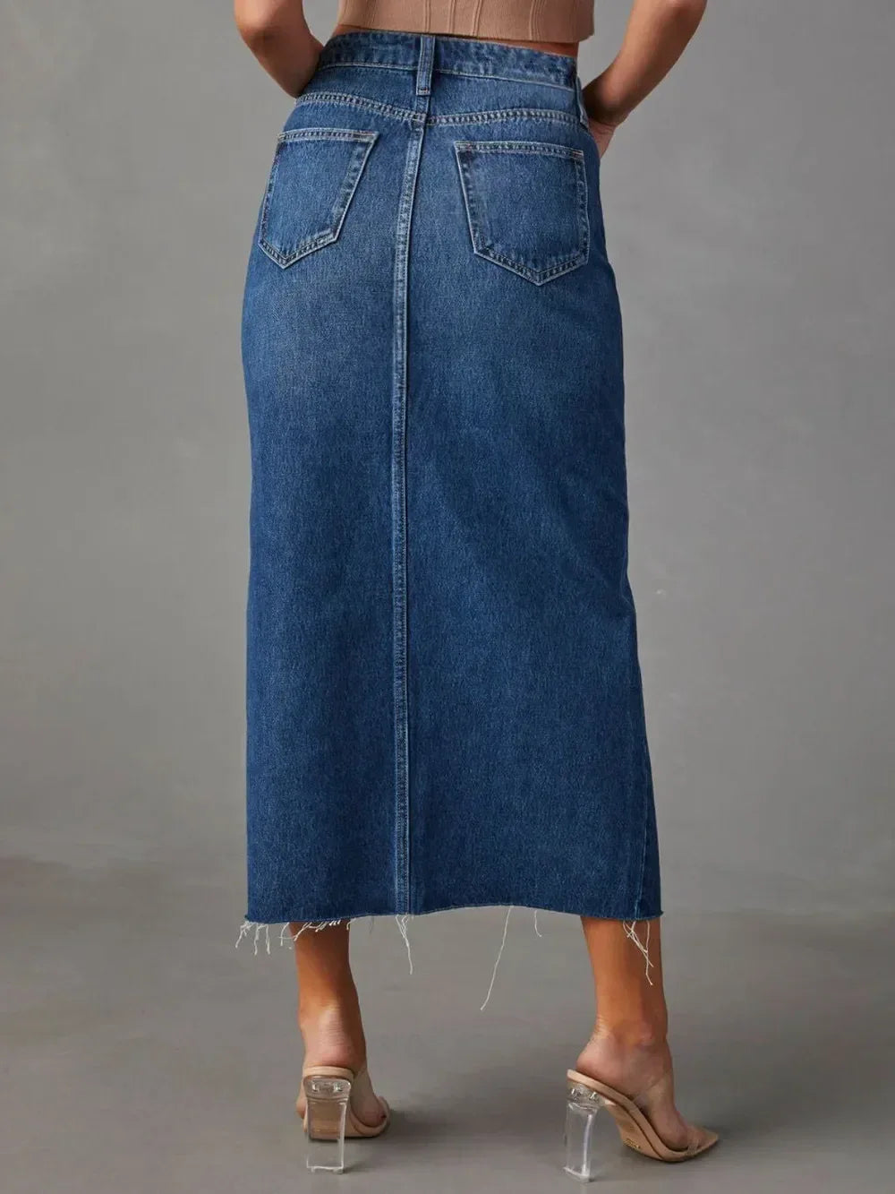 Raw Hem Front Slit Denim Midi Skirt - DAVERRI FASHIONS