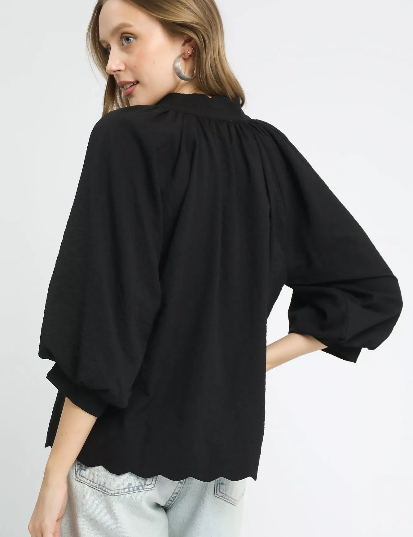 Umgee Full Size Textured Notched Balloon Sleeve Blouse Plus Size | Blouses Daverri Fashions