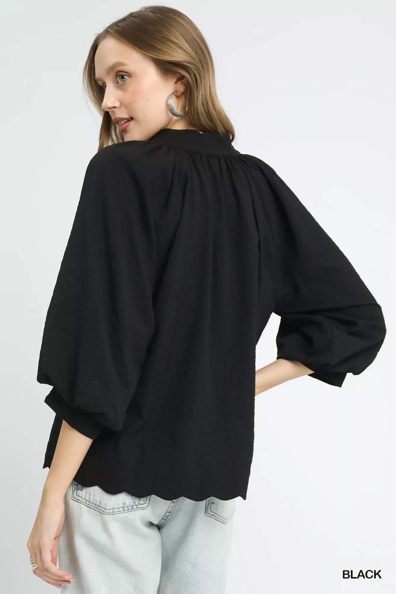Umgee Full Size Textured Notched Balloon Sleeve Blouse Plus Size | Blouses Daverri Fashions