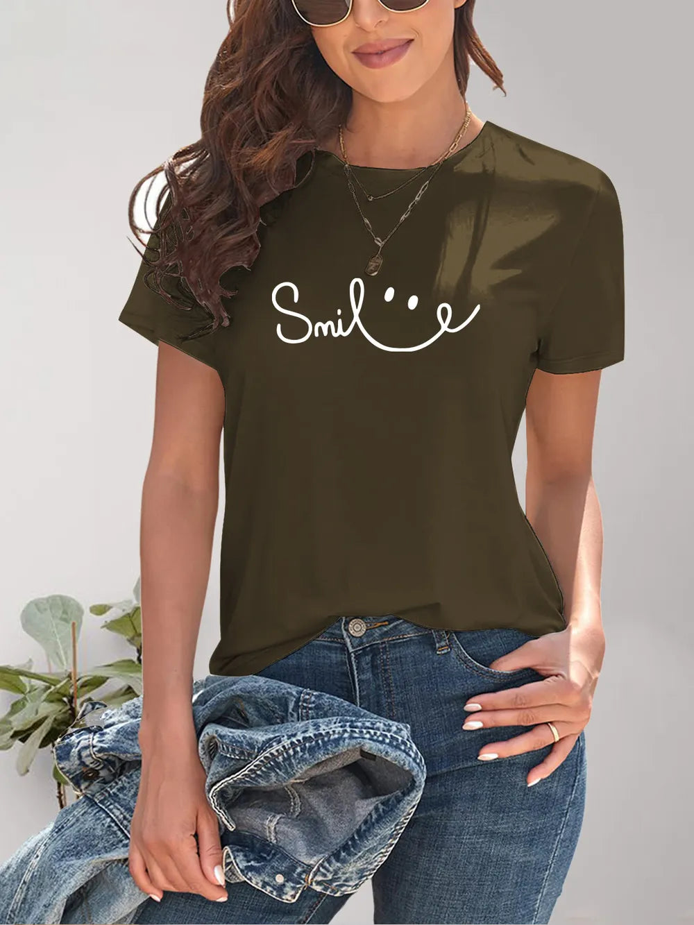 Olive green Smile Round Neck short-sleeve t-shirt with smiley face