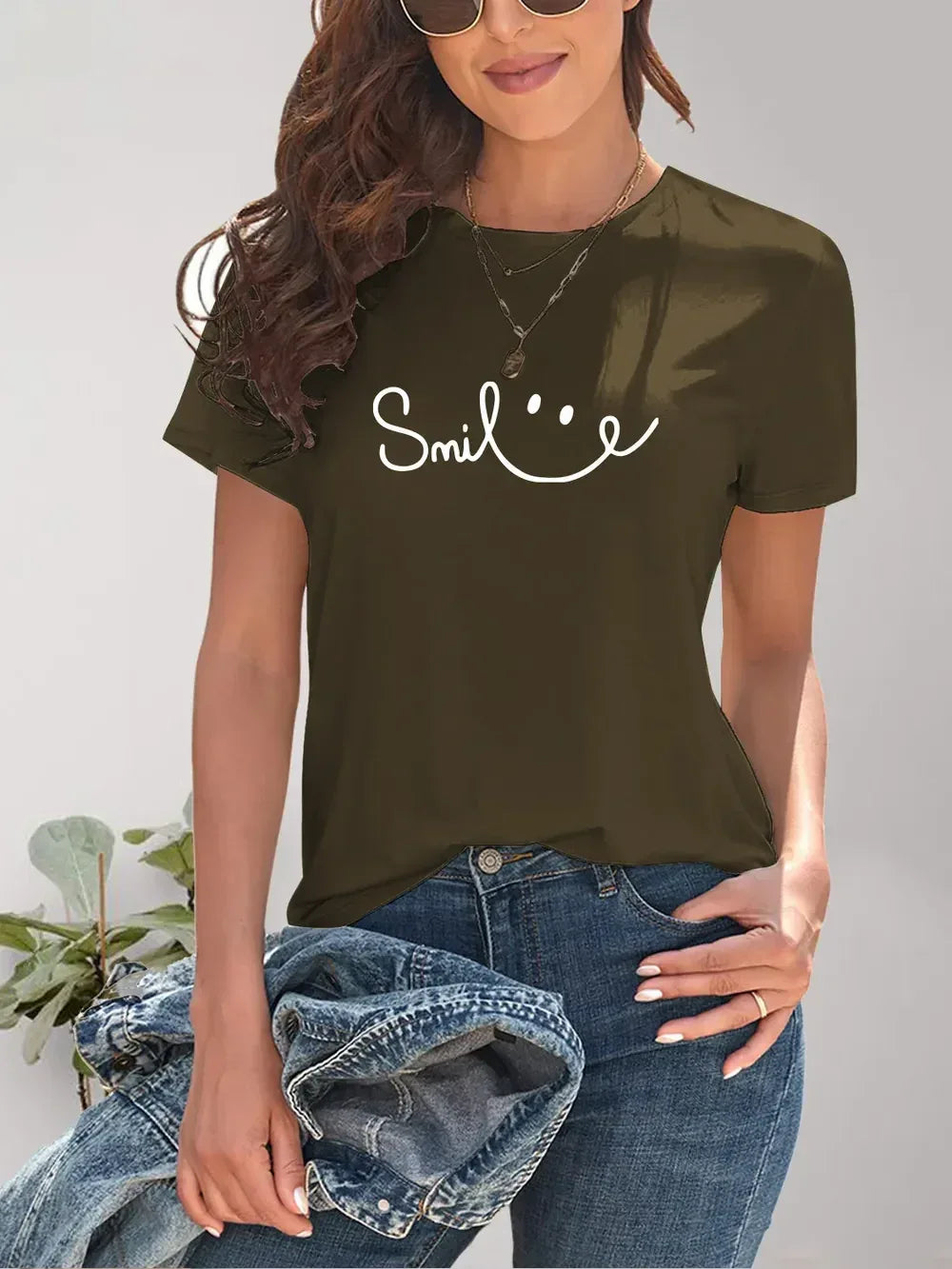 SMILE Round Neck Short Sleeve T-Shirt - DAVERRI FASHIONS