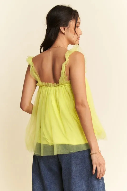 Vibrant lime green sheer ruffled Davi & Dani babydoll top with backless design