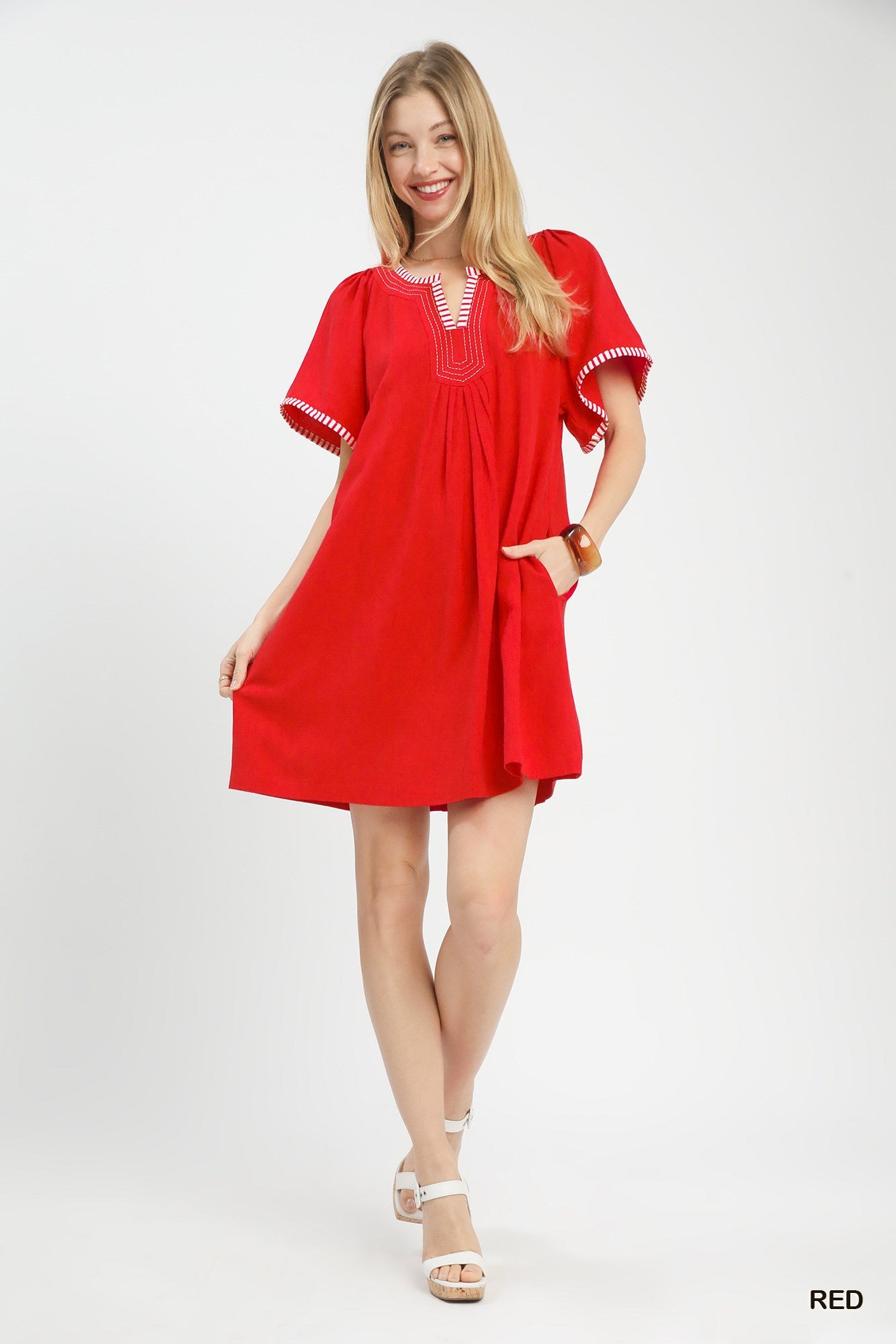 Umgee linen trim tunic dress in vibrant red with white embroidery