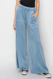 High Rise Wide Leg Drawstring Pants GRAY BLUE Lounge Pants