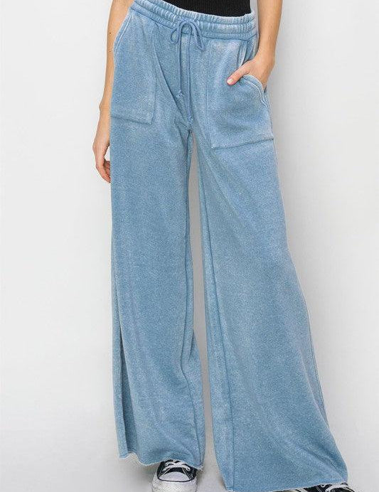 High Rise Wide Leg Drawstring Pants GRAY BLUE Lounge Pants