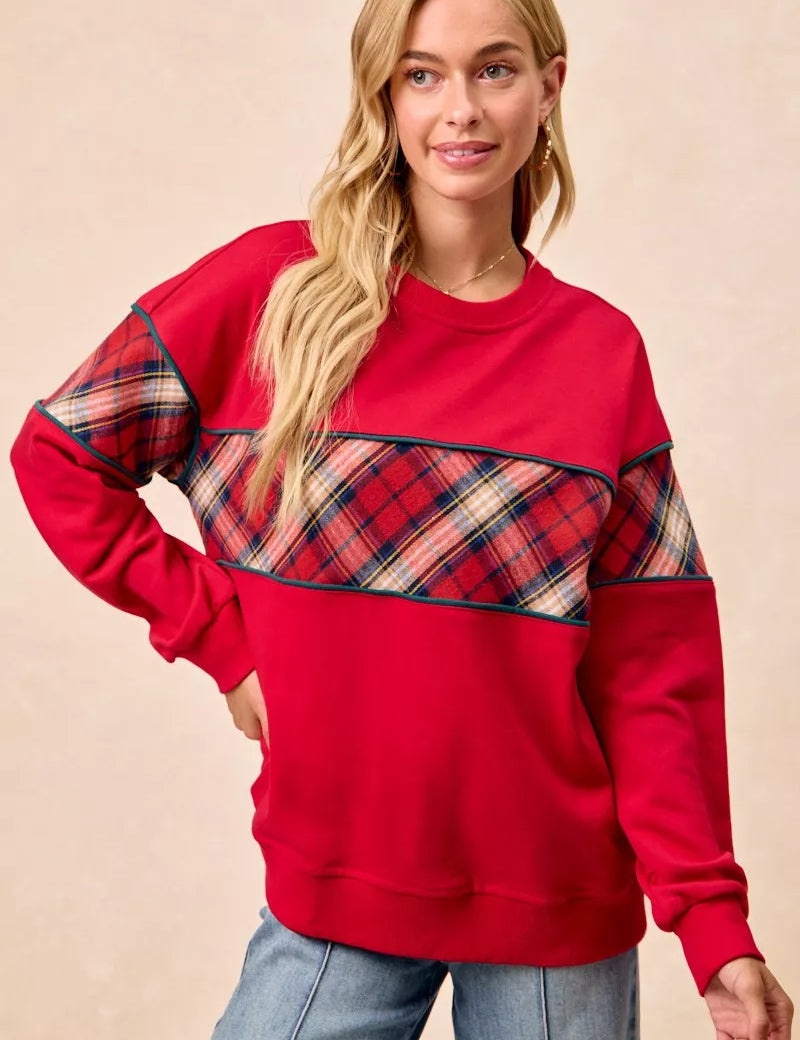 RED BiBi Christmas Theme Plaid Block Sweatshirt with Binding | Sweatshirts Daverri Fashions